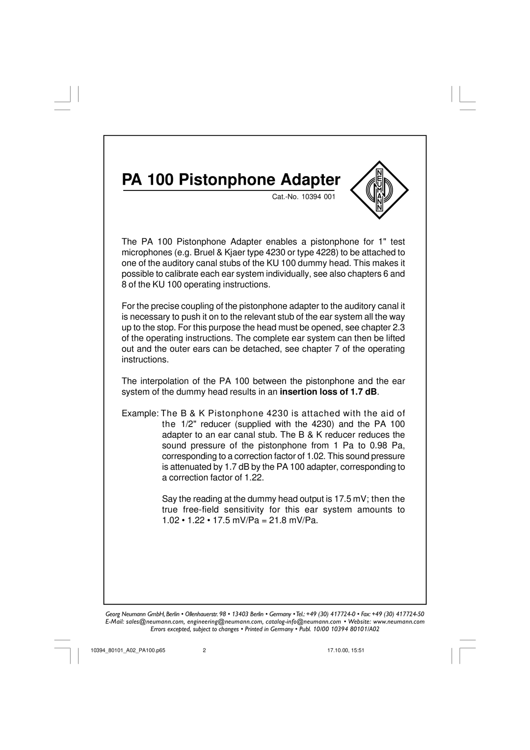 Neumann.Berlin manual PA 100 Pistonphone Adapter 