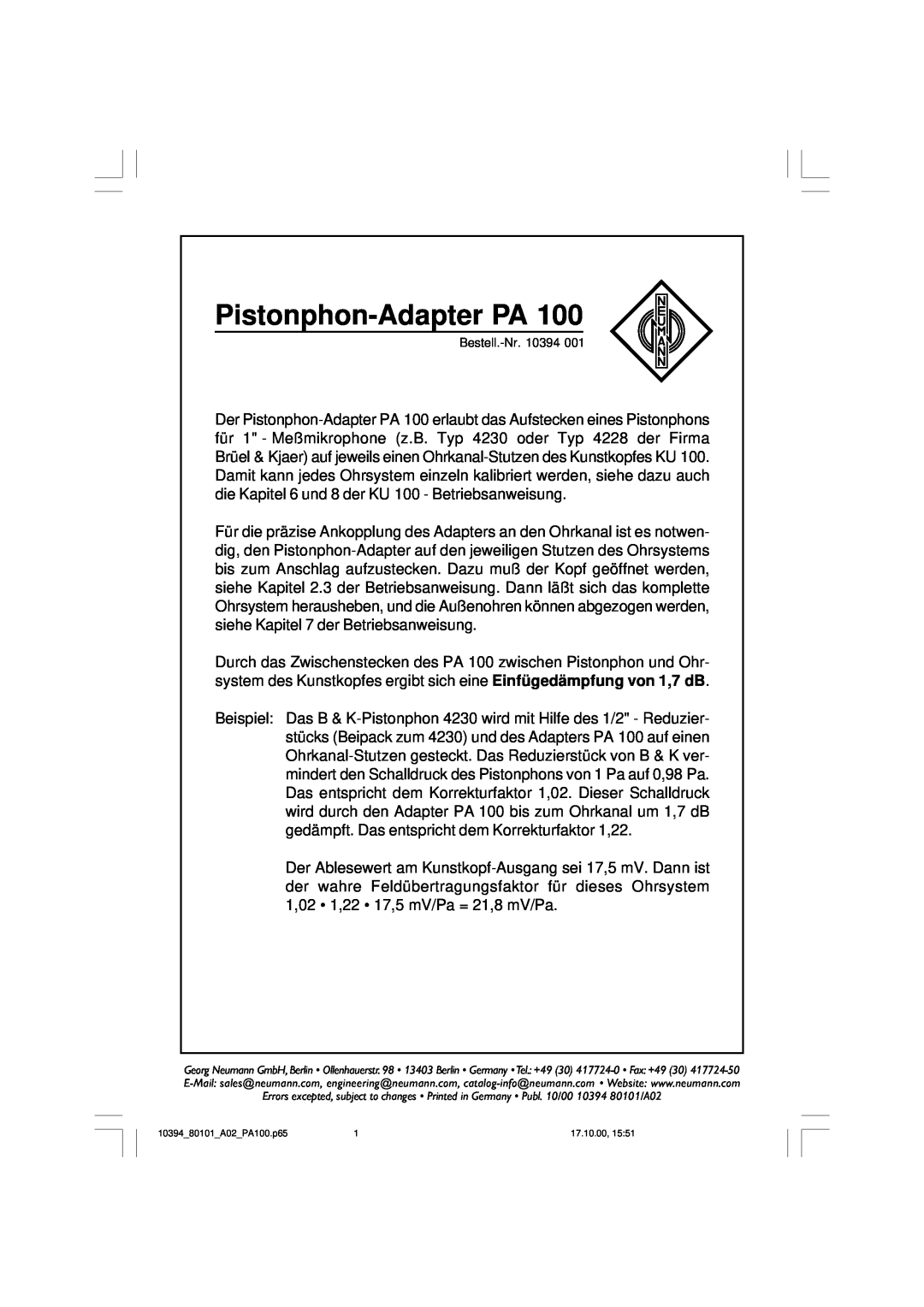 Neumann.Berlin PA 100 manual Pistonphon-Adapter PA, Bestell.-Nr. 10394 
