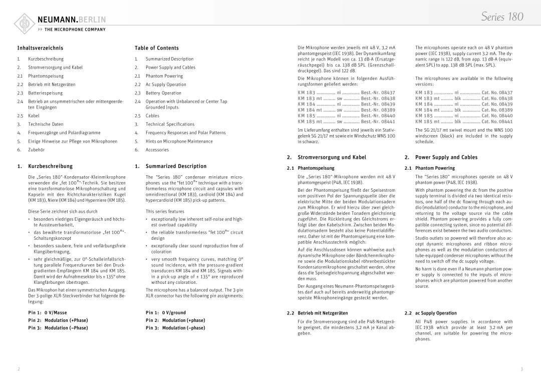 Neumann.Berlin Series 180 operating instructions Inhaltsverzeichnis Table of Contents, Power Supply and Cables 