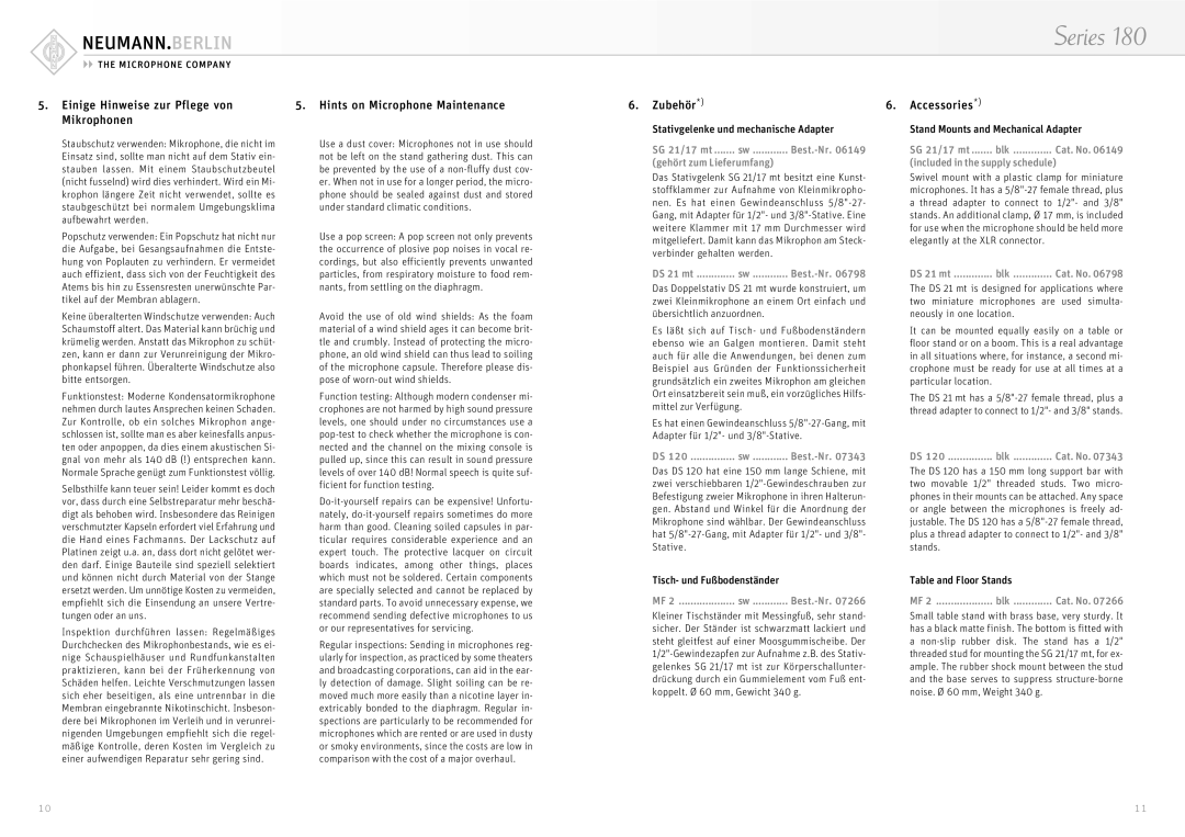 Neumann.Berlin Series 180 Einige Hinweise zur Pflege von Mikrophonen, Hints on Microphone Maintenance, Zubehör 