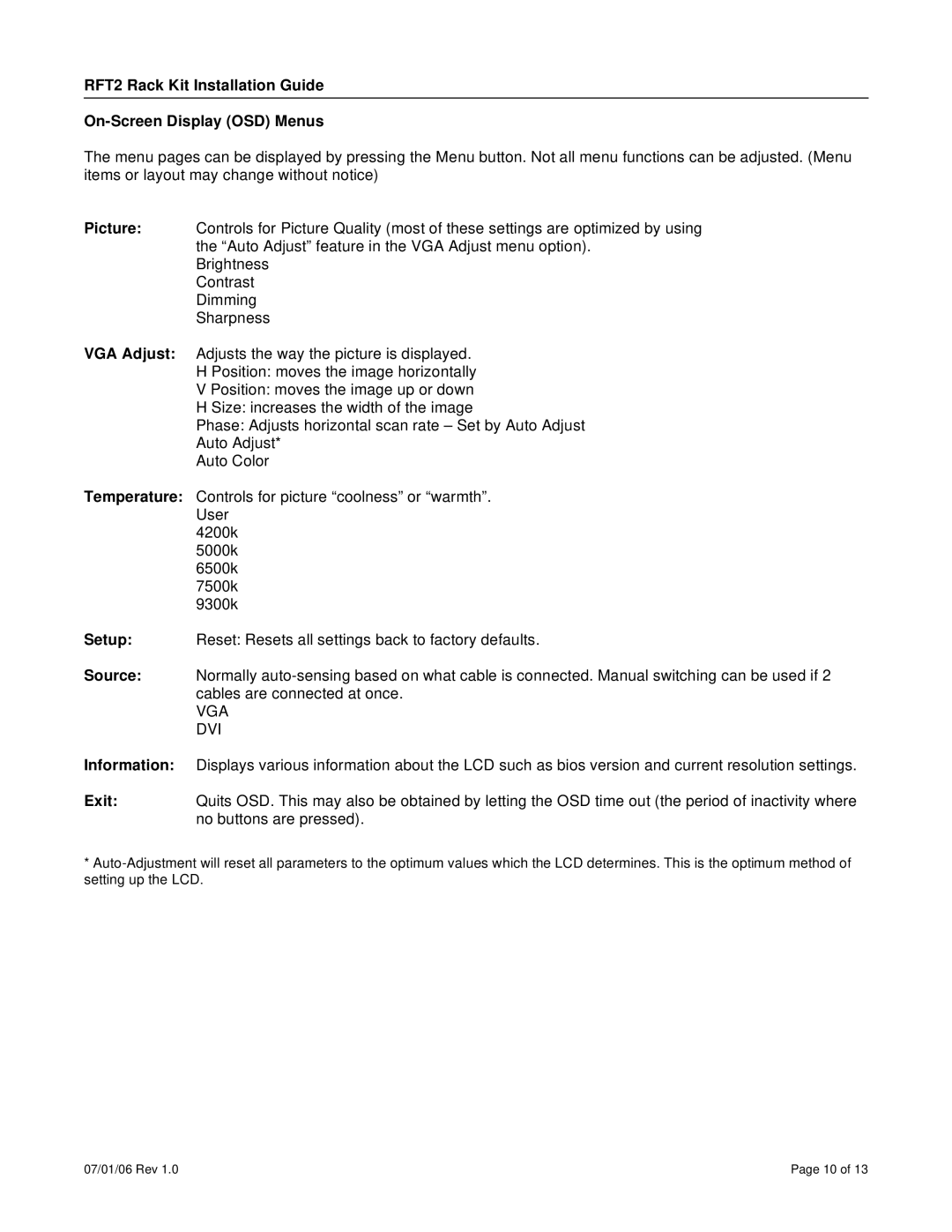 Neuro Logic Systems 17, 19 specifications RFT2 Rack Kit Installation Guide On-Screen Display OSD Menus 