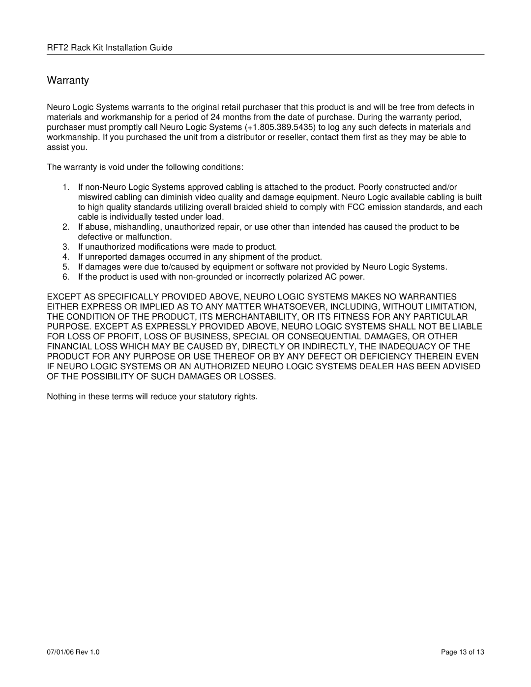 Neuro Logic Systems 19, 17 specifications Warranty 