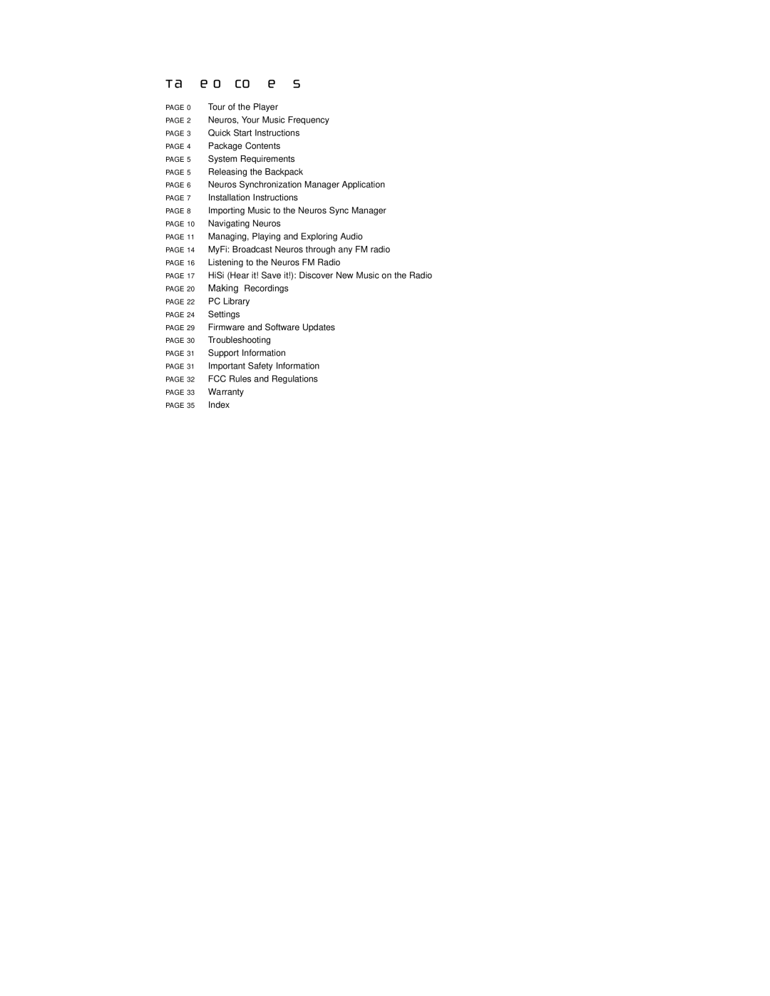 Neuros Audio MP3 DiGITAL AUDIO COMPUTER manual Table of Contents 