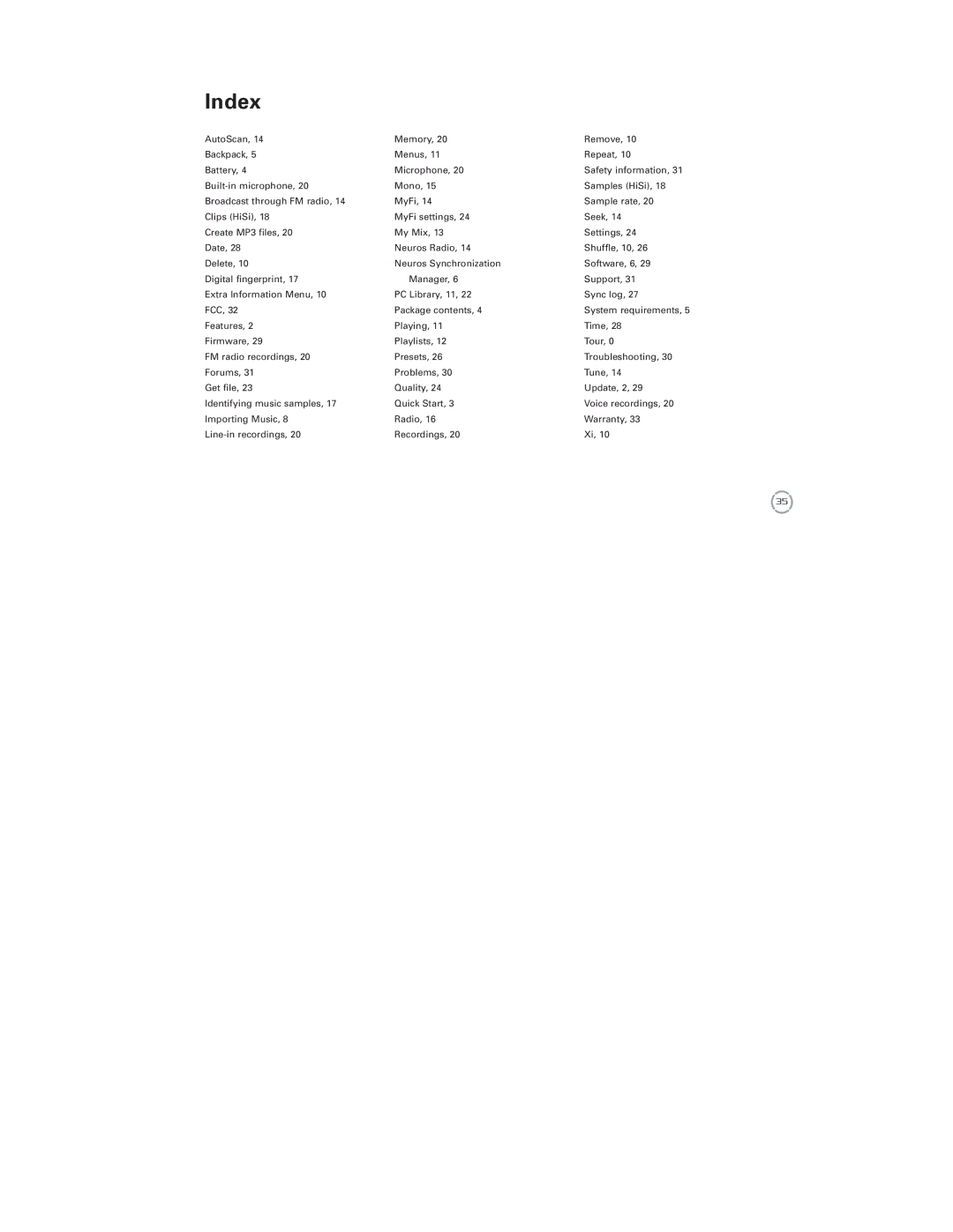 Neuros Audio MP3 DiGITAL AUDIO COMPUTER manual Index 