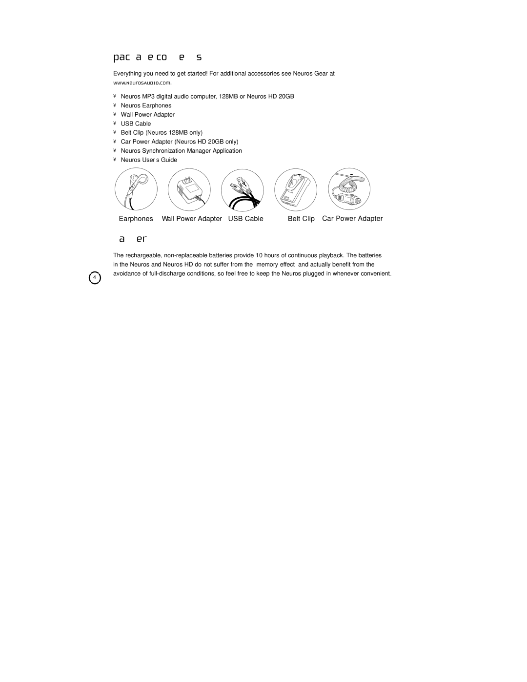 Neuros Audio MP3 DiGITAL AUDIO COMPUTER manual Package Contents, Battery 