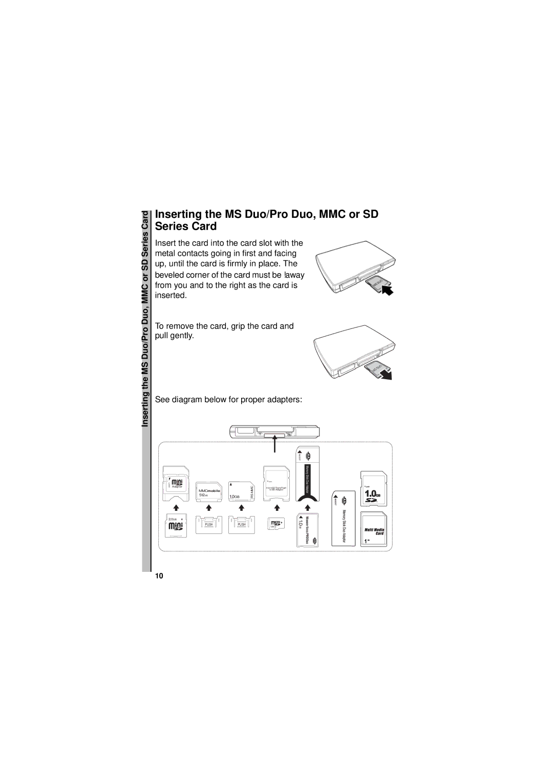 Neuros Audio MPEG-4 manual Inserting the MS Duo/Pro Duo, MMC or SD Series Card 