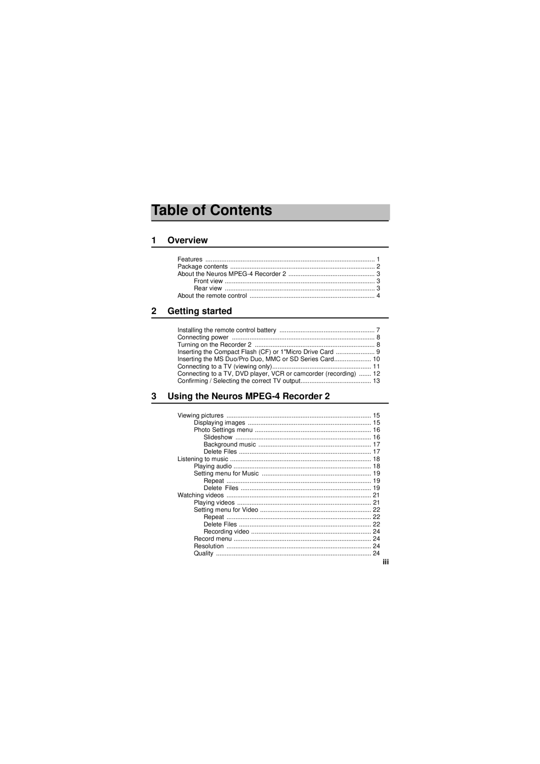 Neuros Audio MPEG-4 manual Table of Contents 