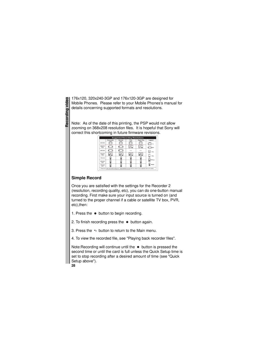 Neuros Audio MPEG-4 manual Simple Record, Suggested Recording Resolutions 