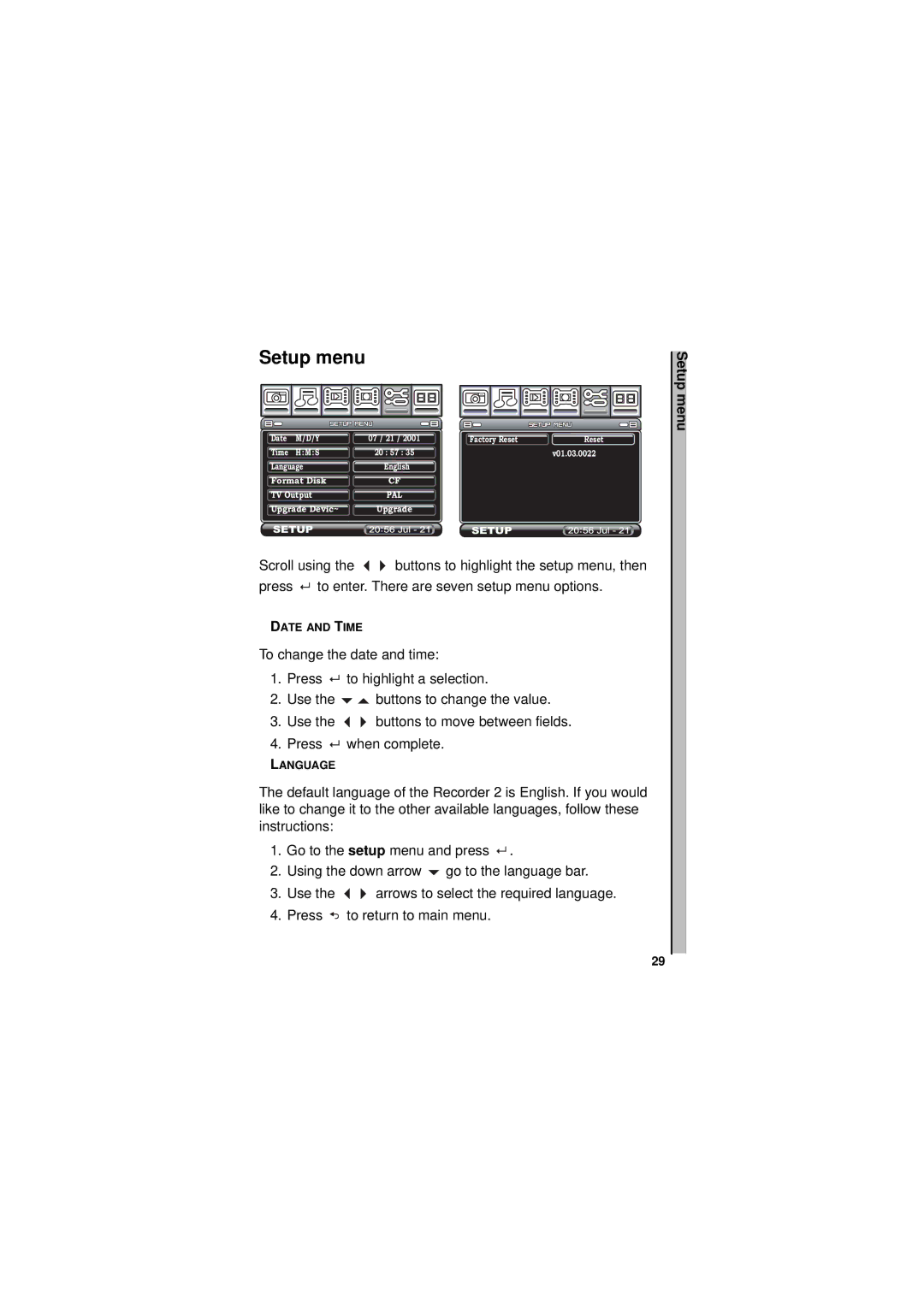 Neuros Audio MPEG-4 manual Setup menu 