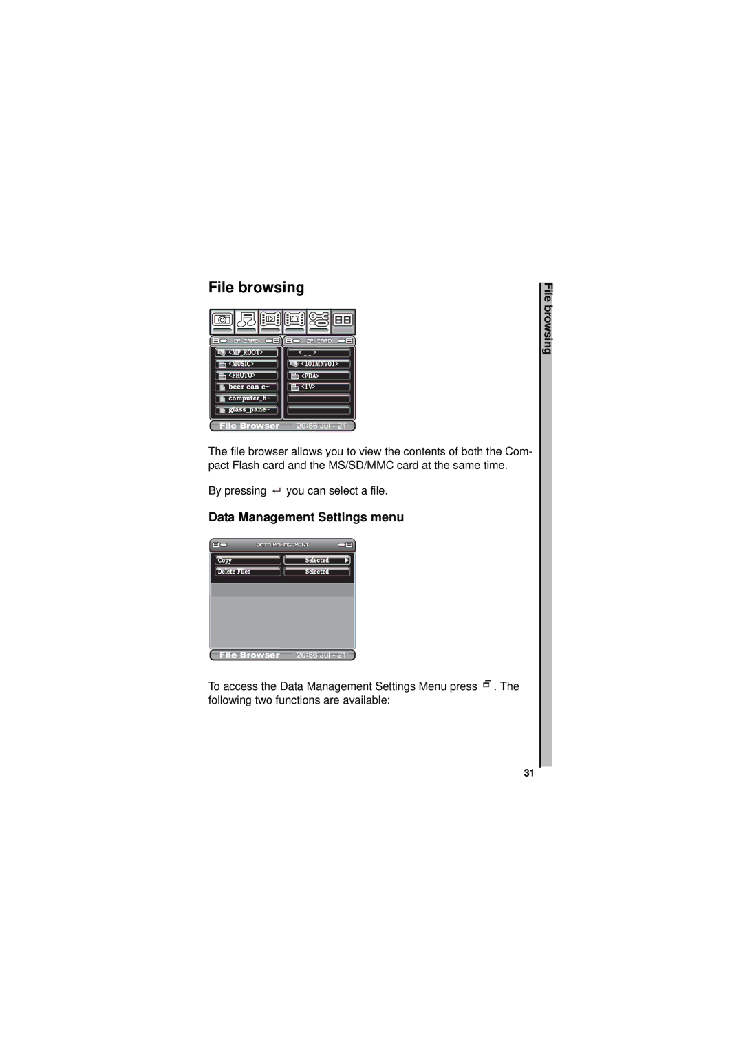 Neuros Audio MPEG-4 manual File browsing, Data Management Settings menu 