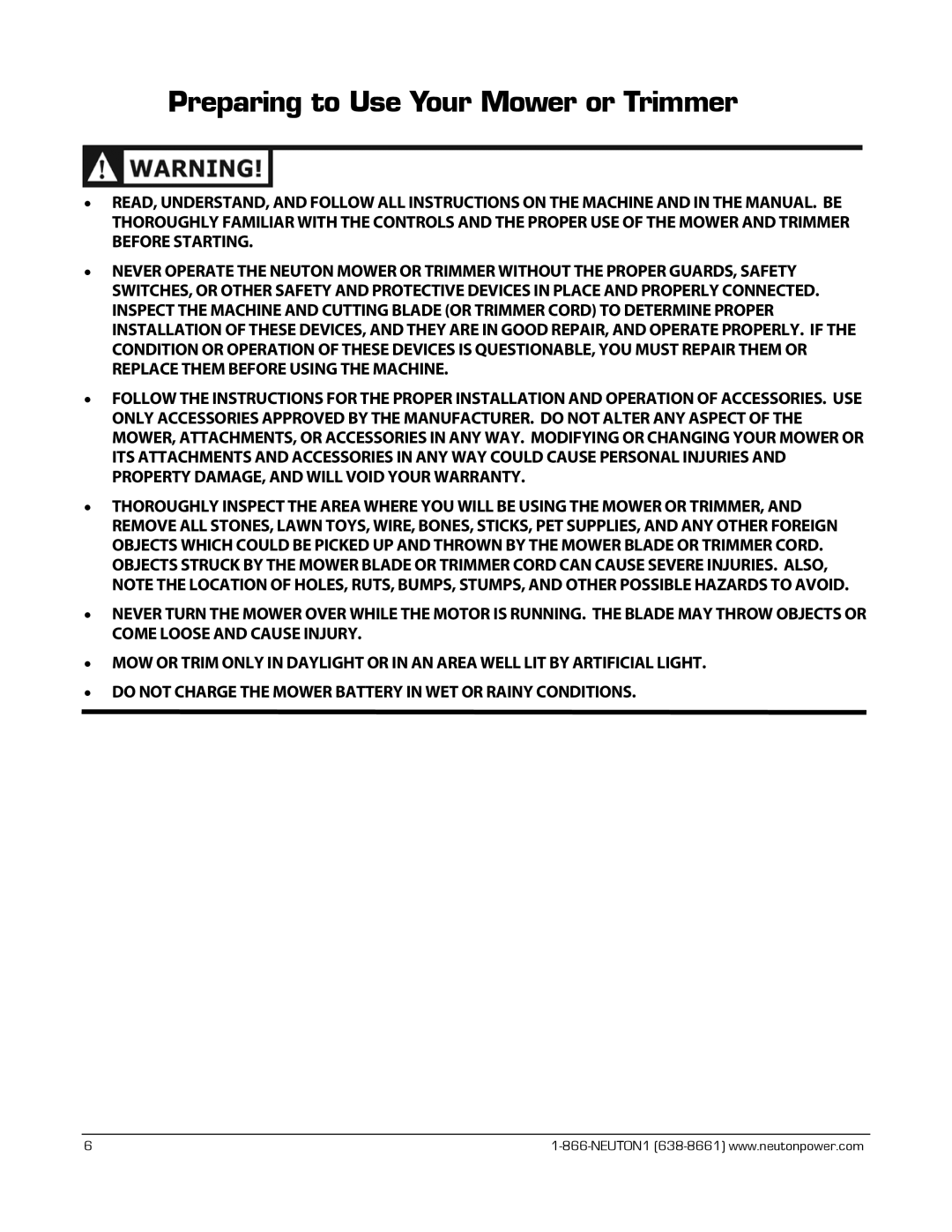 Neuton CE 6.2 manual Preparing to Use Your Mower or Trimmer 