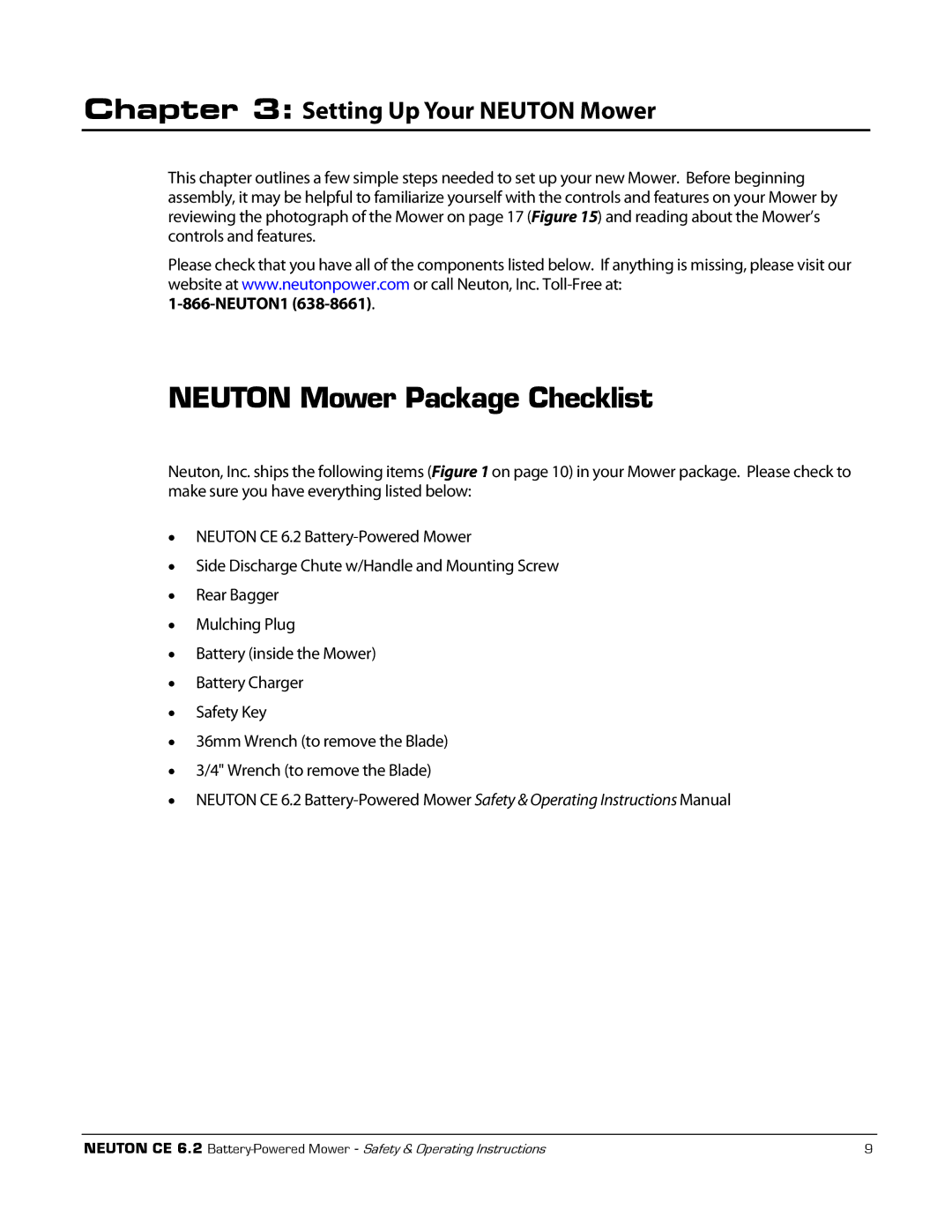 Neuton CE 6.2 manual Neuton Mower Package Checklist, Setting Up Your Neuton Mower, NEUTON1 