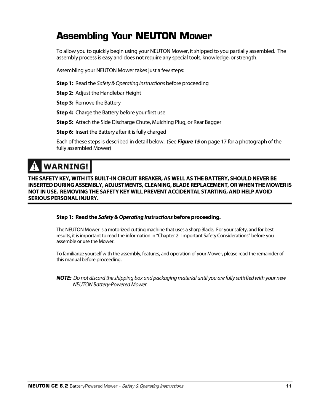 Neuton CE 6.2 manual Assembling Your Neuton Mower, Read the Safety & Operating Instructions before proceeding 