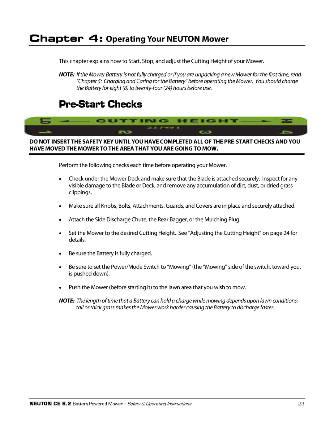 Neuton CE 6.2 manual Pre-Start Checks, Operating Your Neuton Mower 