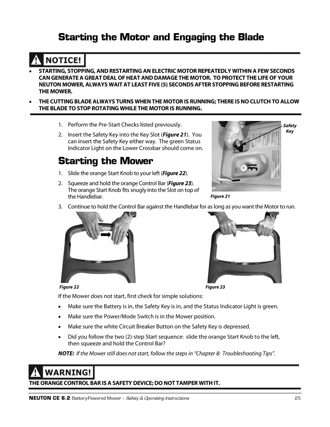 Neuton CE 6.2 manual Starting the Motor and Engaging the Blade, Starting the Mower 