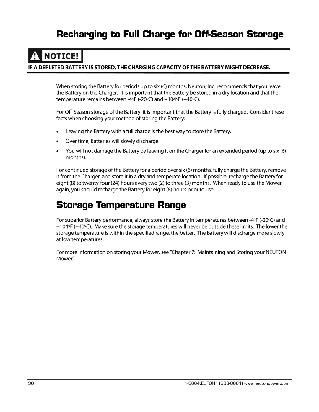 Neuton CE 6.2 manual Recharging to Full Charge for Off-Season Storage, Storage Temperature Range 