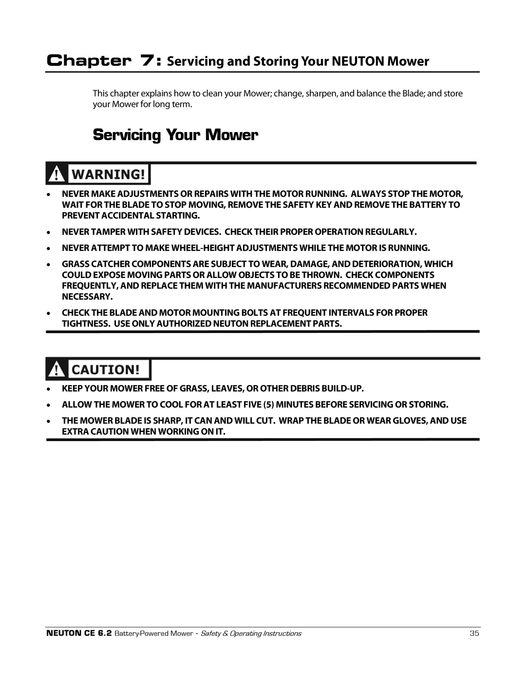 Neuton CE 6.2 manual Servicing Your Mower, Servicing and Storing Your Neuton Mower 