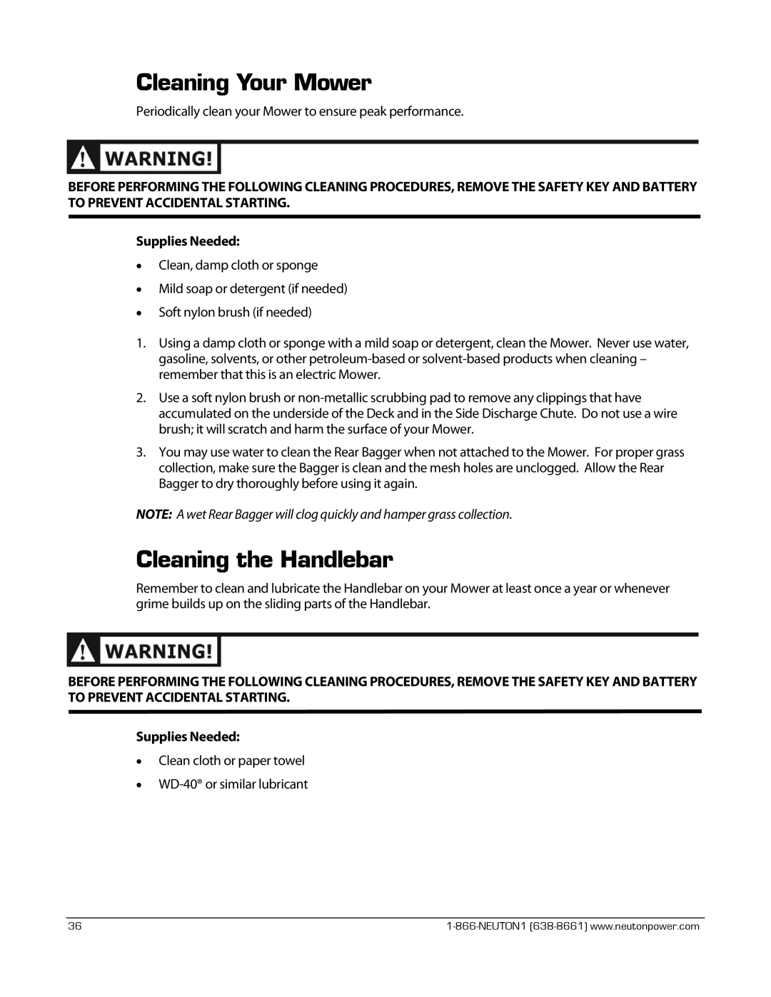 Neuton CE 6.2 manual Cleaning Your Mower, Cleaning the Handlebar, Supplies Needed 