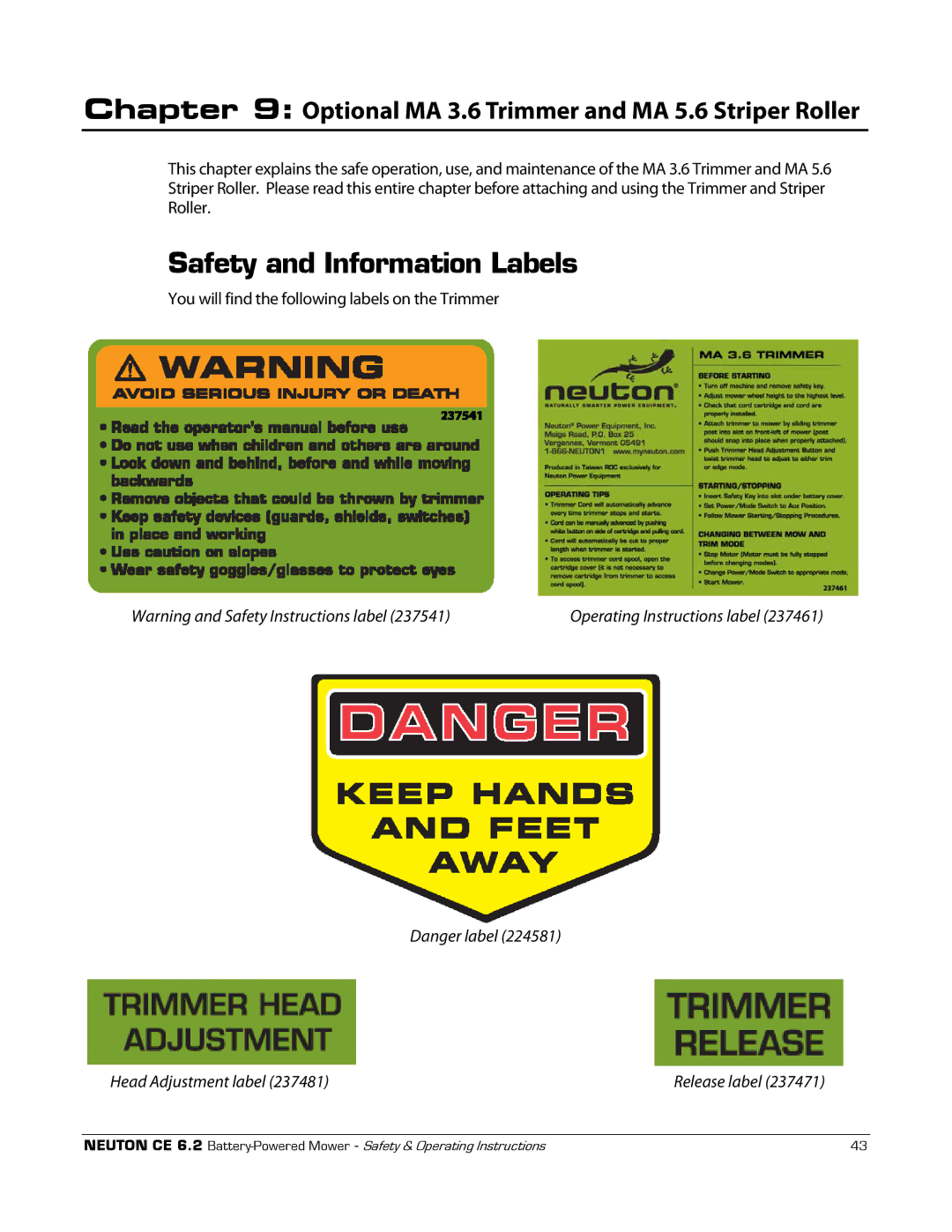 Neuton CE 6.2 manual Safety and Information Labels, Optional MA 3.6 Trimmer and MA 5.6 Striper Roller 