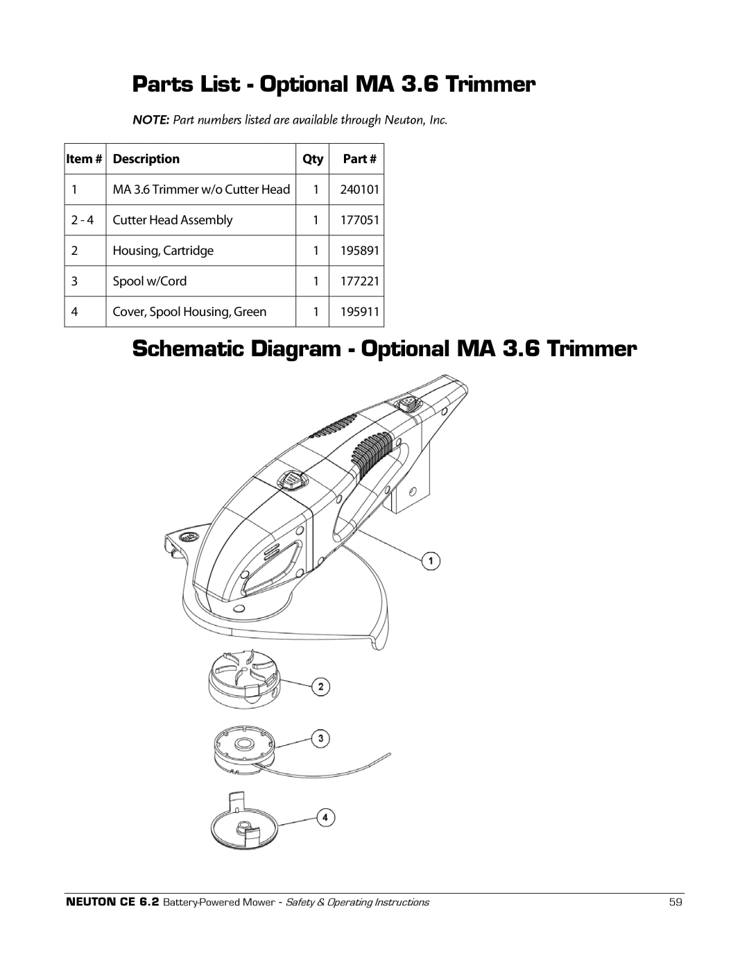 Neuton CE 6.2 manual Parts List Optional MA 3.6 Trimmer, Schematic Diagram Optional MA 3.6 Trimmer, Item # Description Qty 