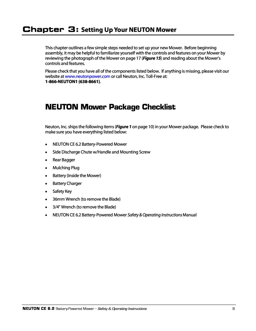 Neuton CE 6.2 manual NEUTON Mower Package Checklist, Setting Up Your NEUTON Mower 