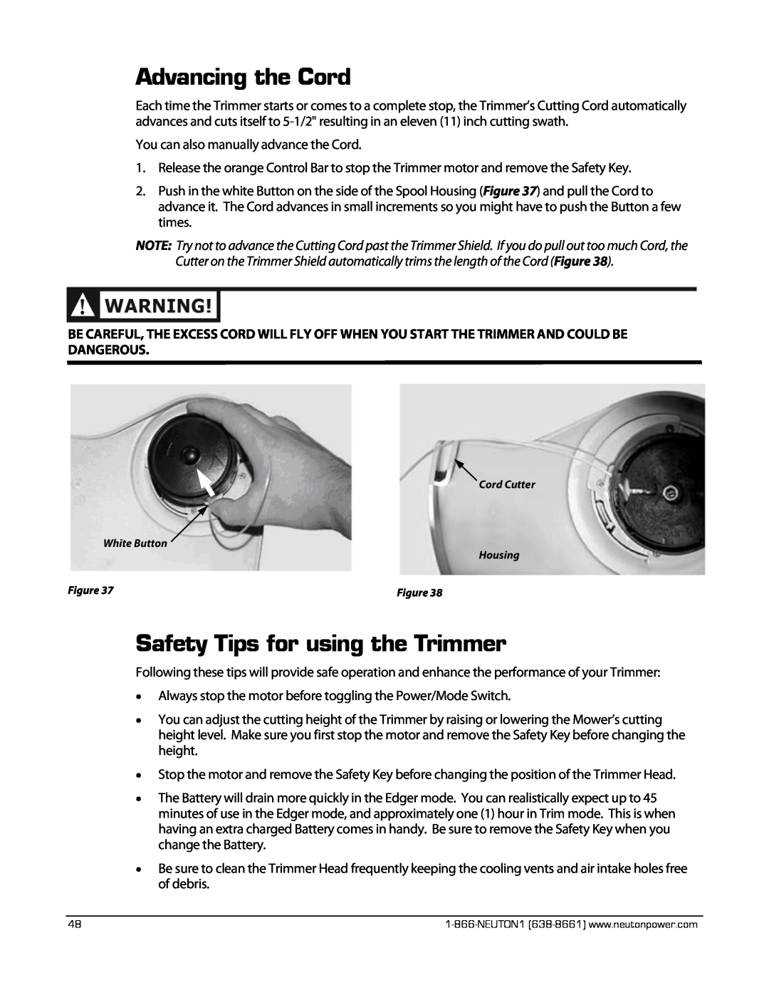 Neuton CE 6.2 manual Advancing the Cord, Safety Tips for using the Trimmer 