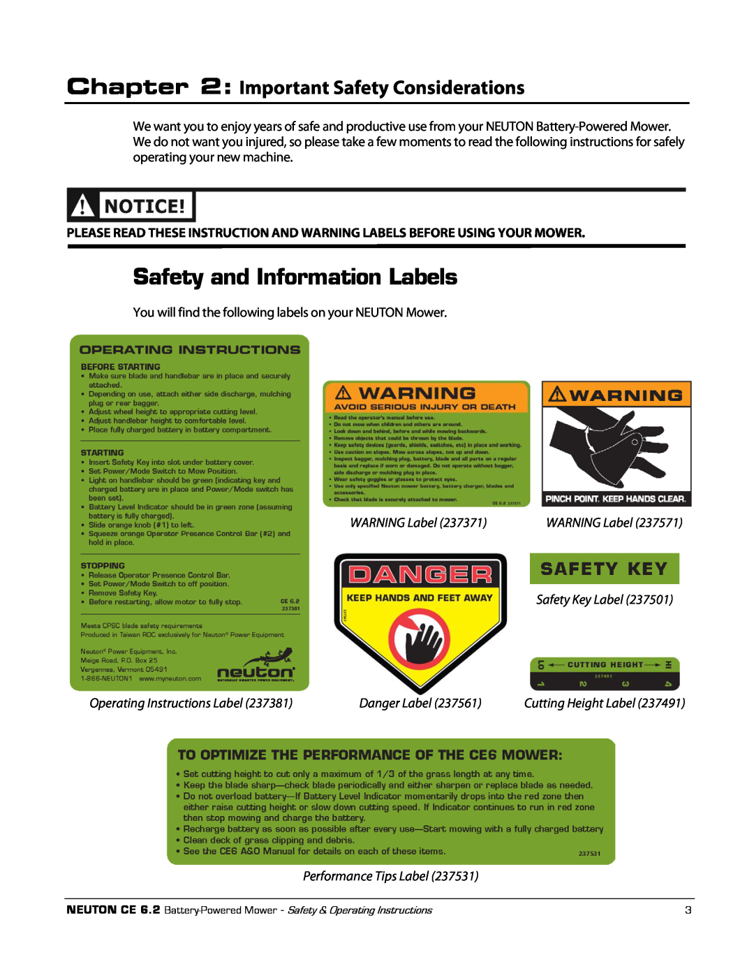 Neuton CE 6.2 manual Safety and Information Labels, Important Safety Considerations, WARNING Label, Safety Key Label 