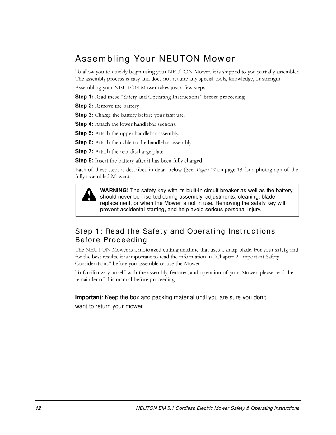 Neuton EM 5.1 manual Assembling Your Neuton Mower, Read the Safety and Operating Instructions Before Proceeding 