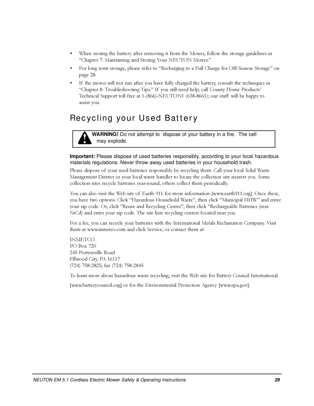 Neuton EM 5.1 manual Recycling your Used Battery, Inmetco 