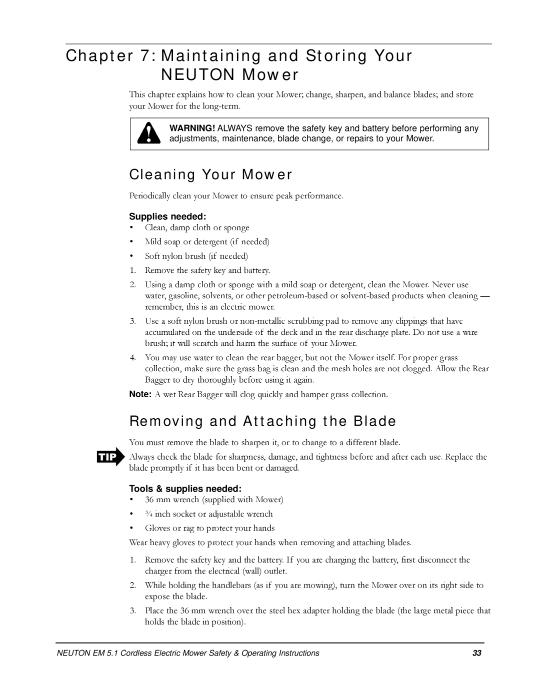 Neuton EM 5.1 manual Maintaining and Storing Your Neuton Mower, Cleaning Your Mower, Removing and Attaching the Blade 