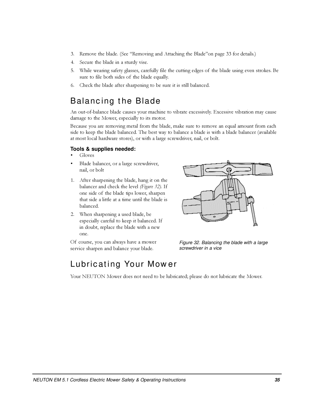 Neuton EM 5.1 manual Balancing the Blade, Lubricating Your Mower 