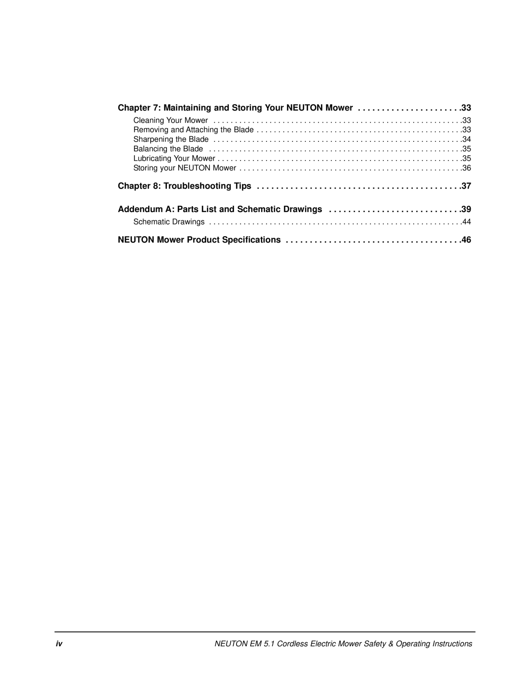 Neuton EM 5.1 manual Neuton Mower Product Specifications 