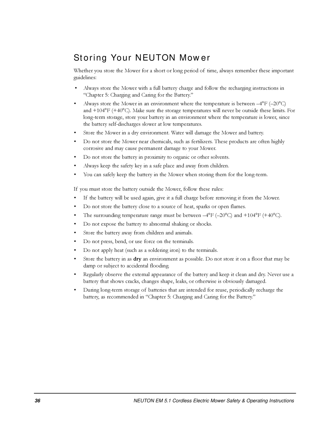 Neuton EM 5.1 manual Storing Your Neuton Mower 