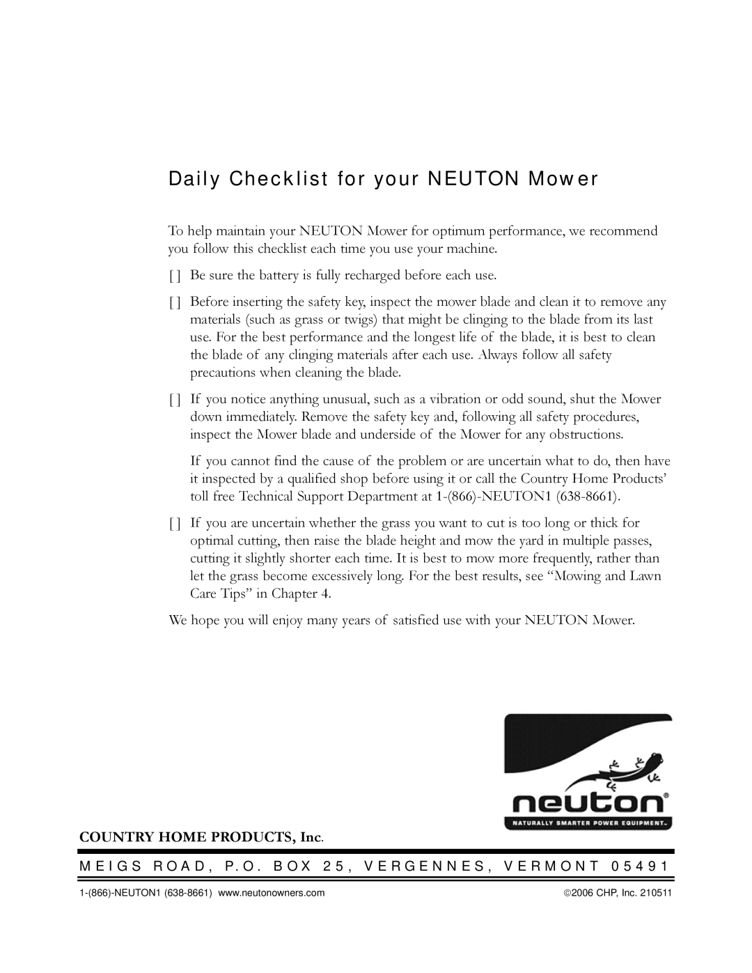 Neuton EM 5.1 manual Daily Checklist for your Neuton Mower 