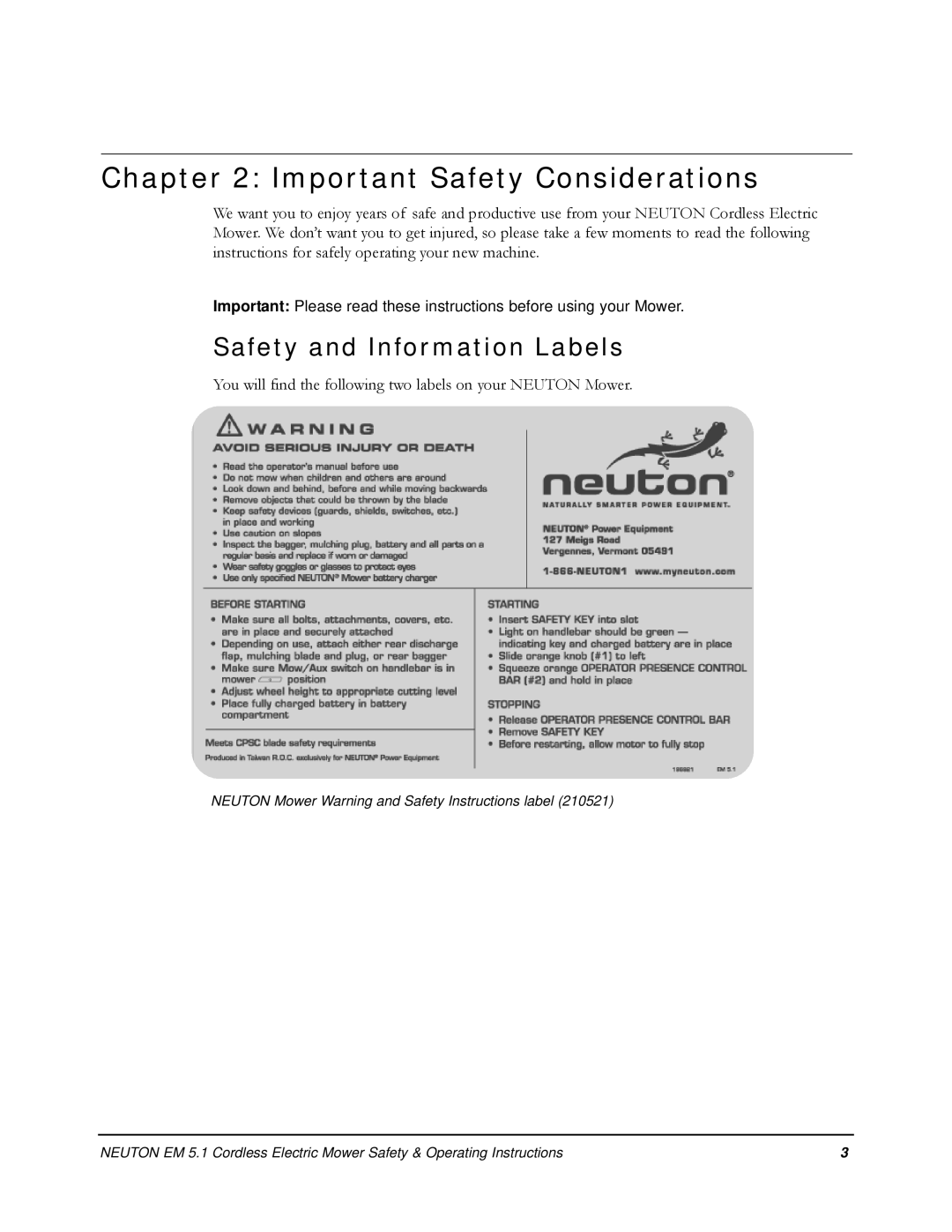 Neuton EM 5.1 manual Important Safety Considerations, Safety and Information Labels 