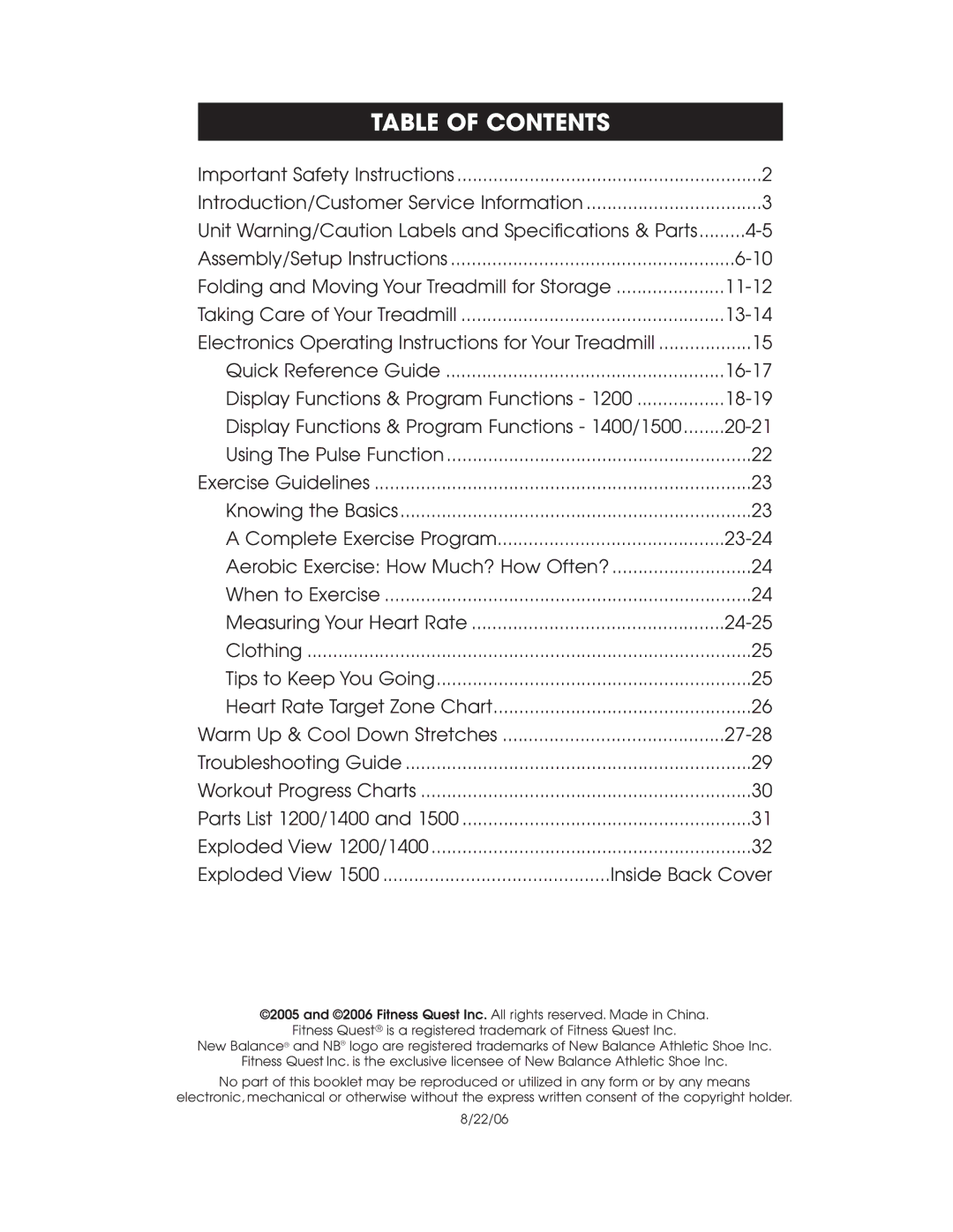 New Balance 1200, 1400, 1500 owner manual Table of Contents 