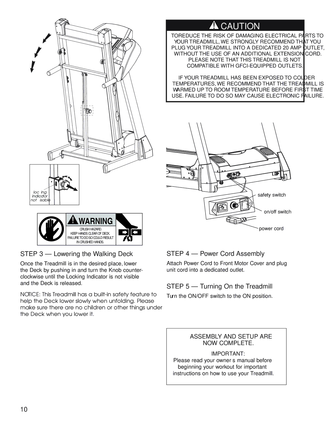 New Balance 1600, 1800 owner manual Lowering the Walking Deck, Power Cord Assembly, Turning On the Treadmill 