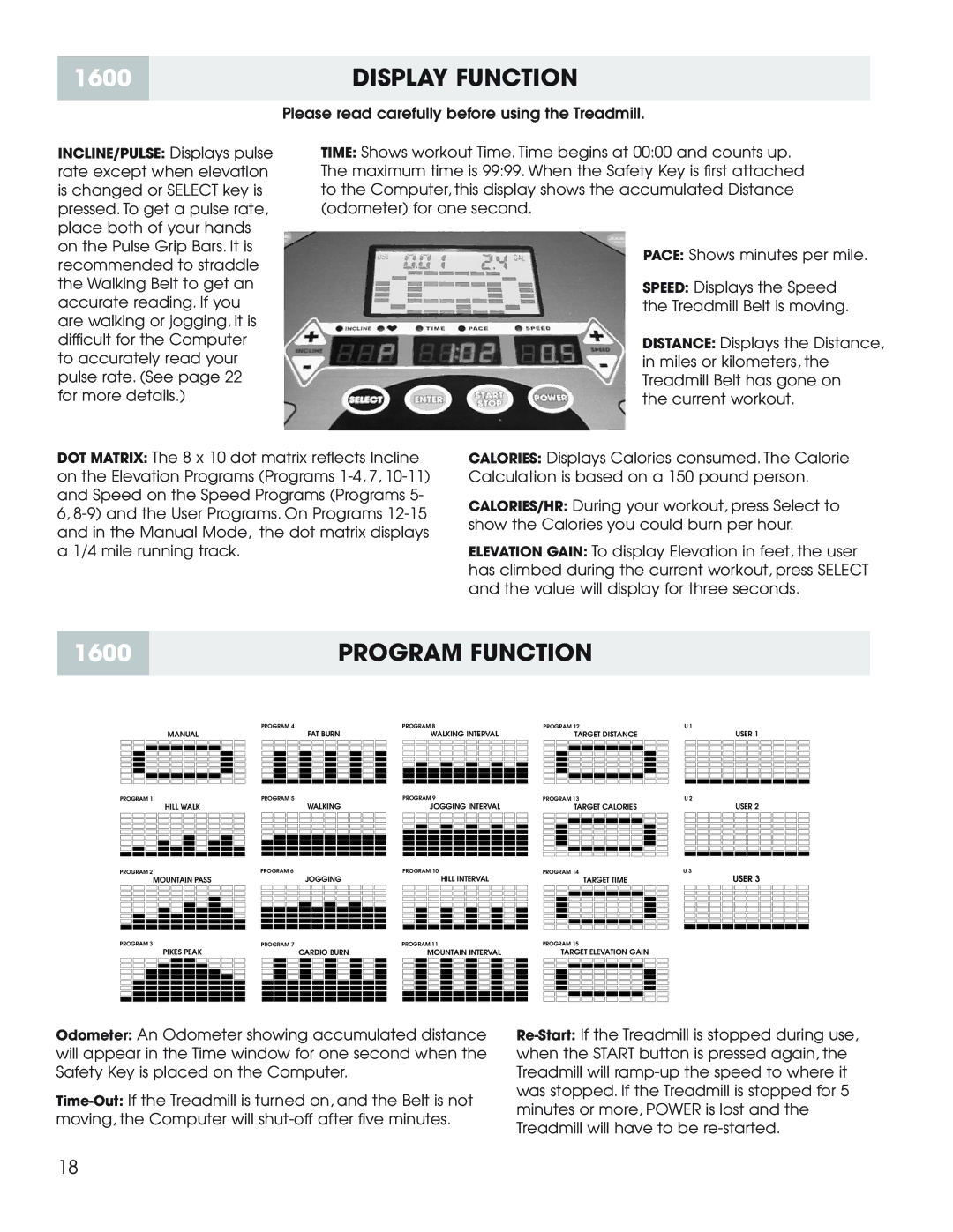 New Balance 1800 owner manual 1600DISPLAY Function, Program Function 