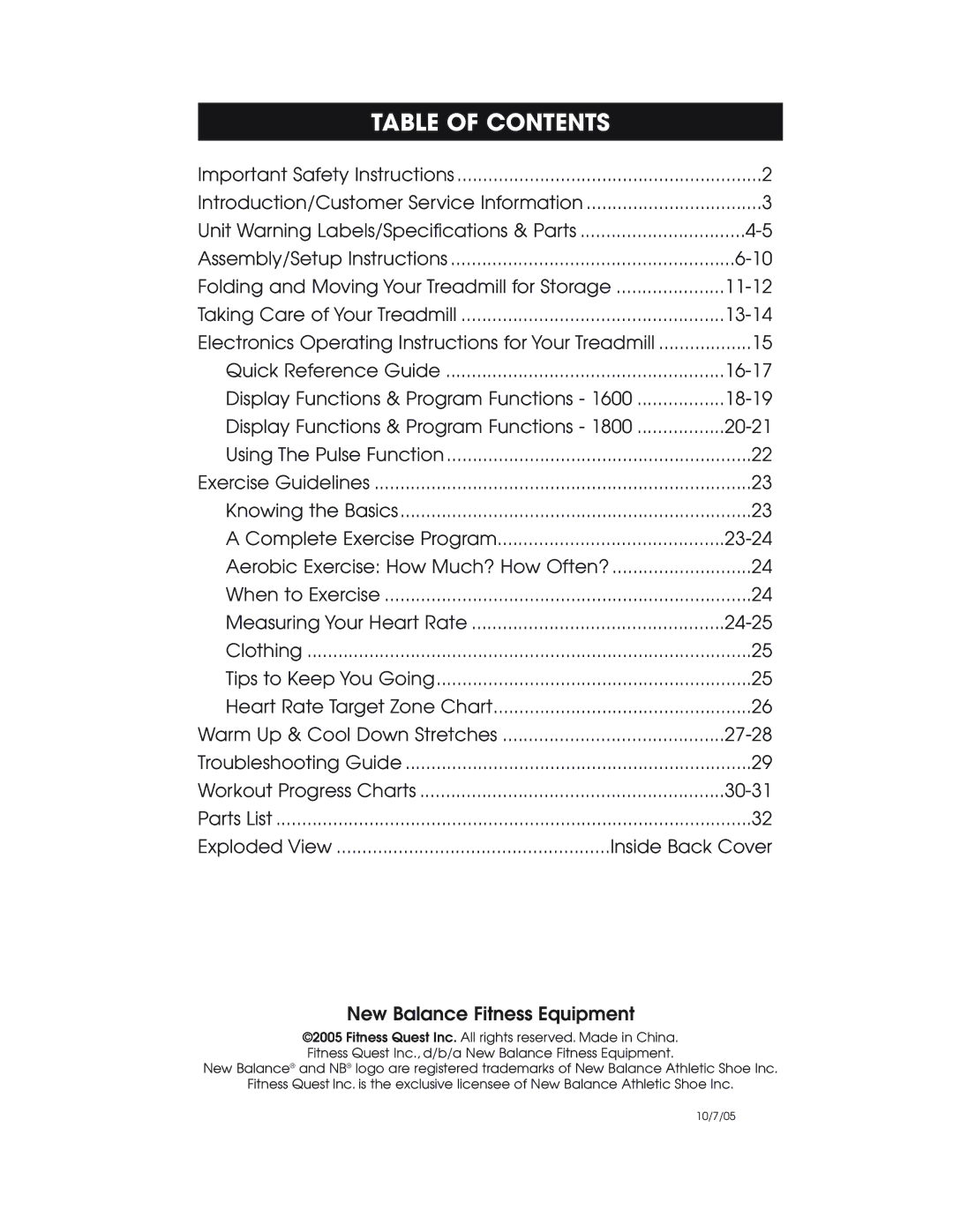 New Balance 1800, 1600 owner manual Table of Contents 