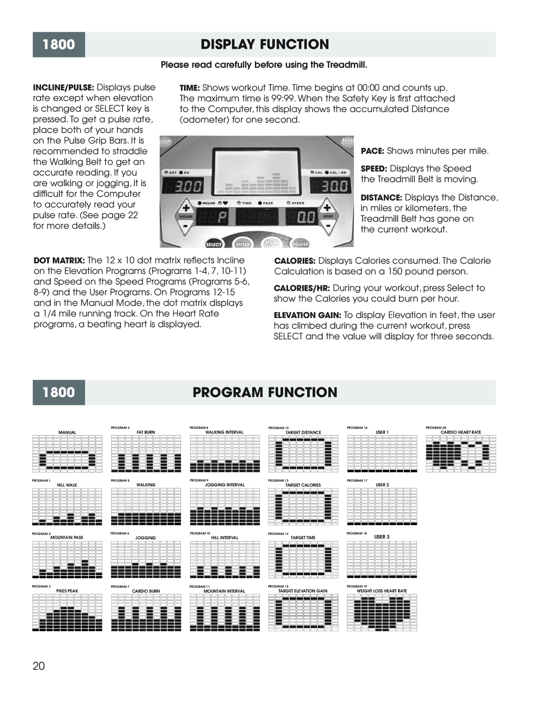 New Balance 1600 owner manual 1800DISPLAY Function, Program Function 