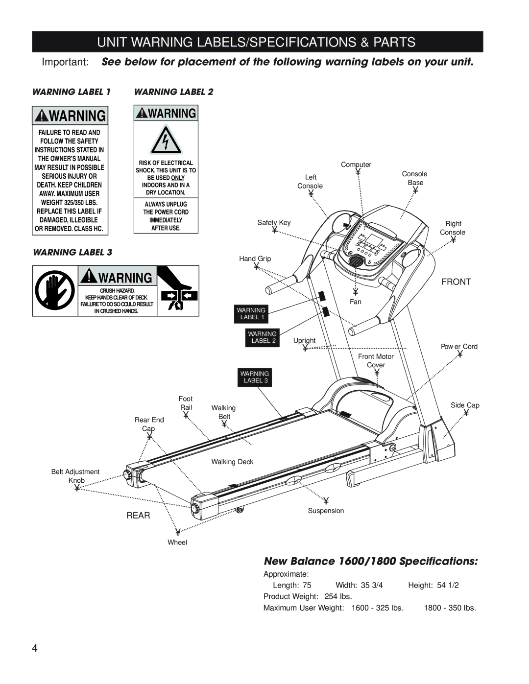 New Balance owner manual Unit Warning LABELS/SPECIFICATIONS & Parts, New Balance 1600/1800 Specifications 