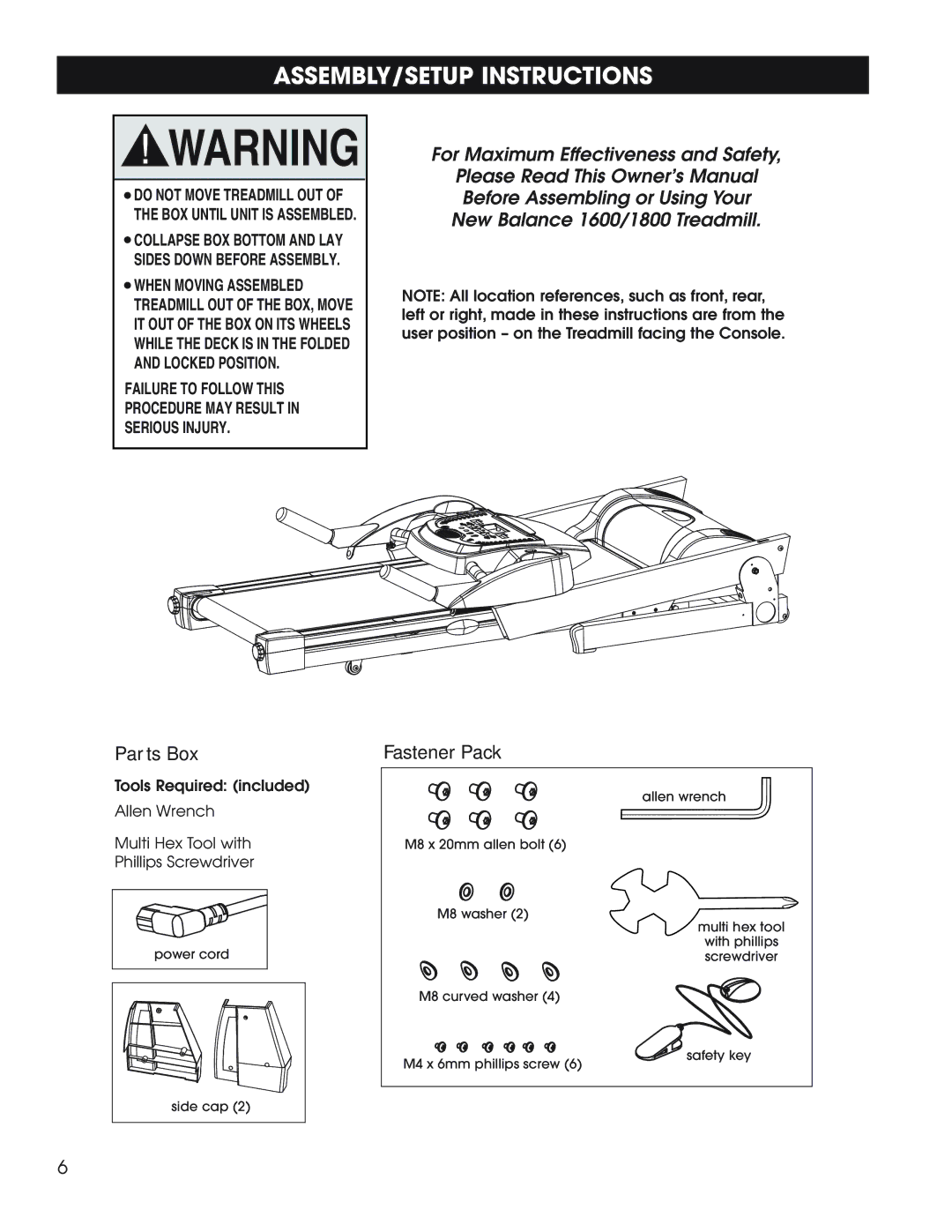 New Balance 1600, 1800 owner manual ASSEMBLY/SETUP Instructions, Parts Box, Fastener Pack 