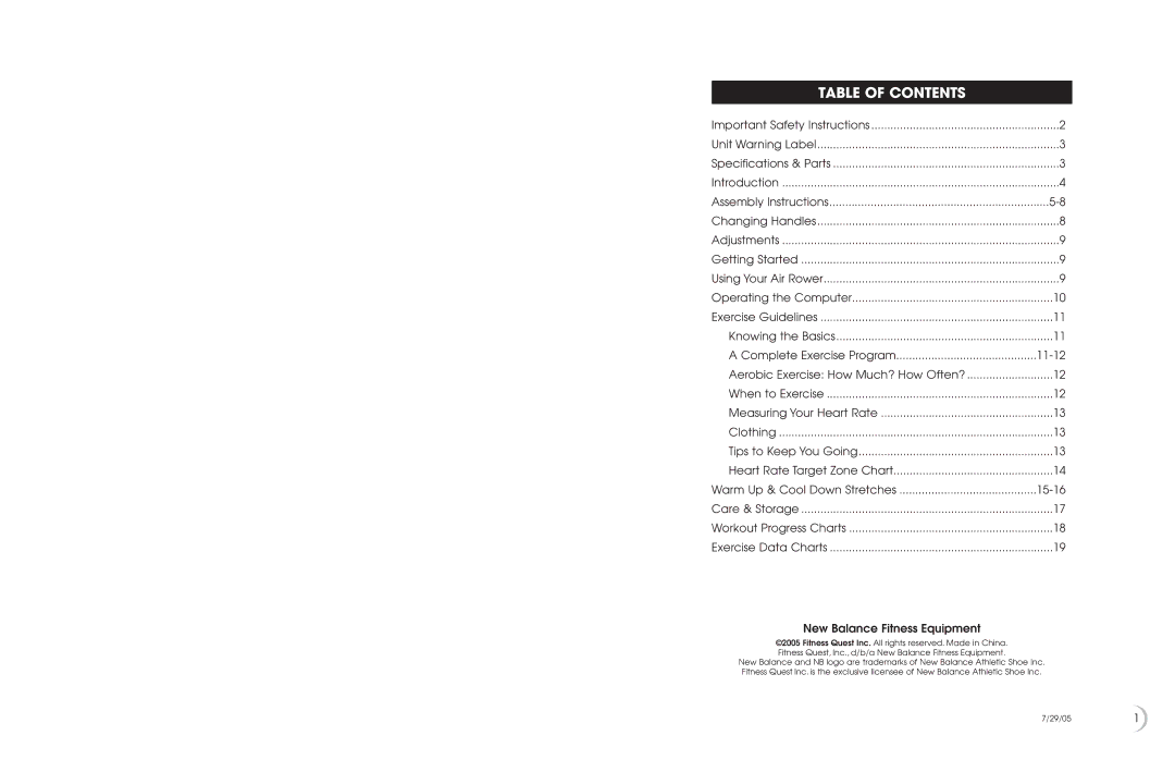 New Balance 3300 owner manual Table of Contents 