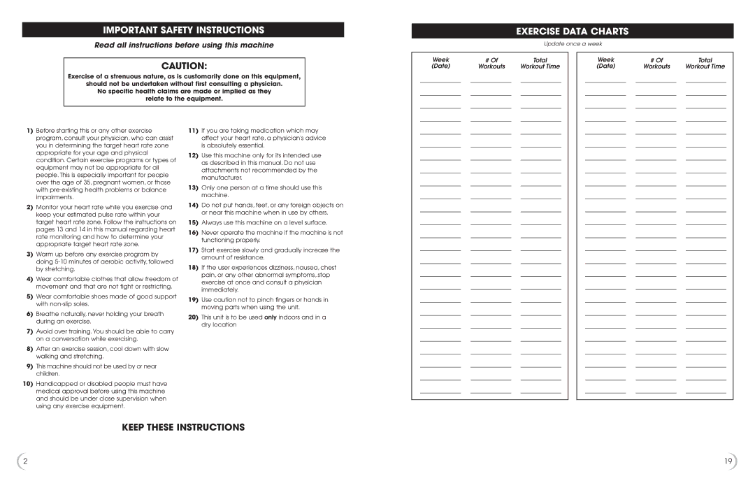 New Balance 3300 owner manual Important Safety Instructions, Exercise Data Charts, Keep These Instructions 