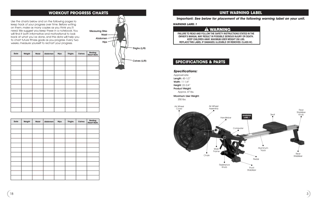 New Balance 3300 owner manual Workout Progress Charts Unit Warning Label, Specifications & Parts 