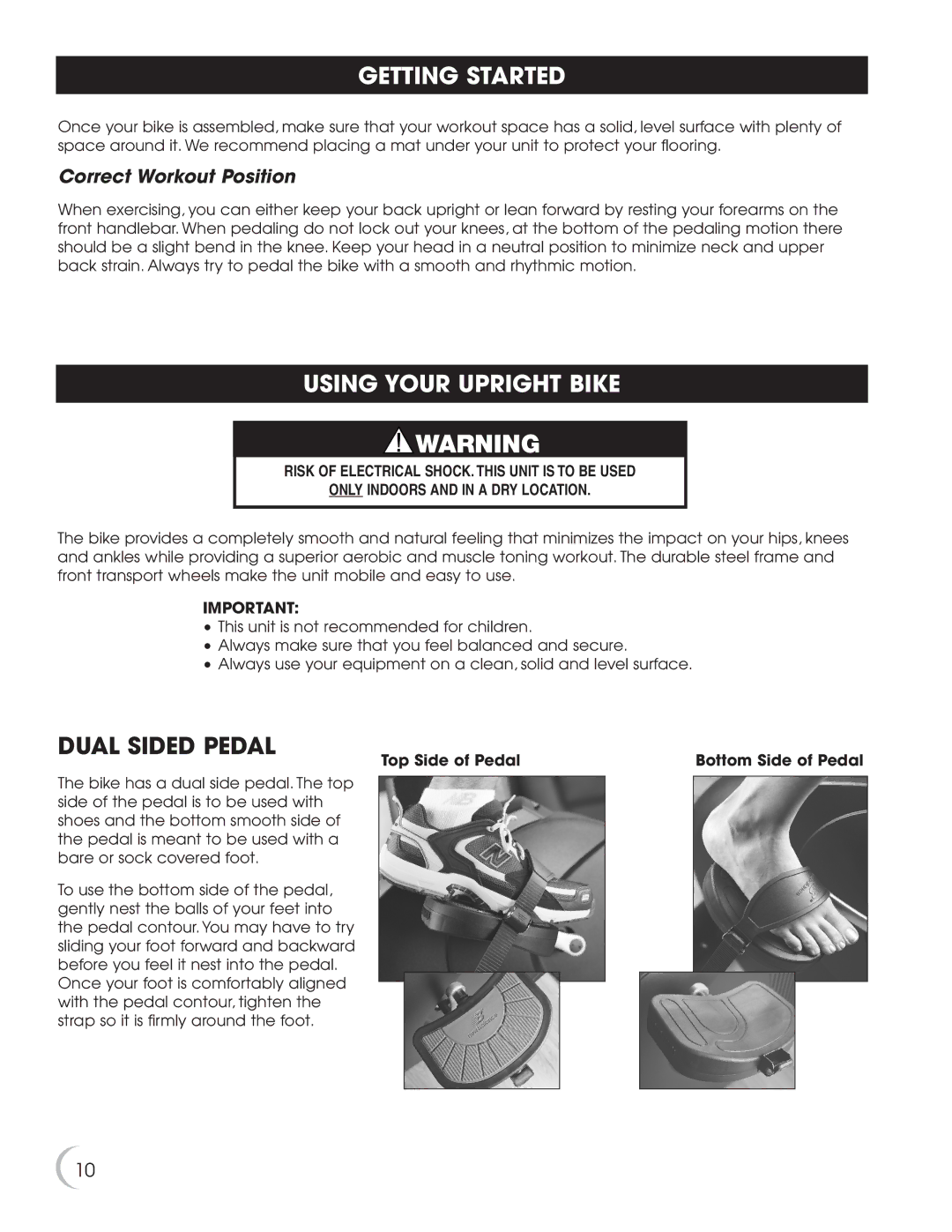 New Balance 5K 5100 owner manual Getting Started, Using Your Upright Bike, Dual Sided Pedal, Correct Workout Position 