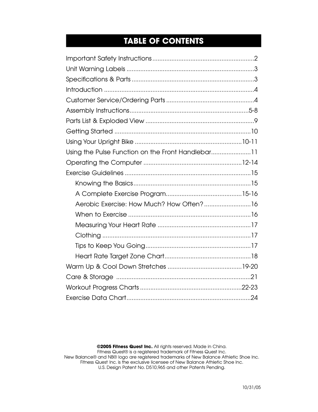 New Balance 5K 5100 owner manual Table of Contents 