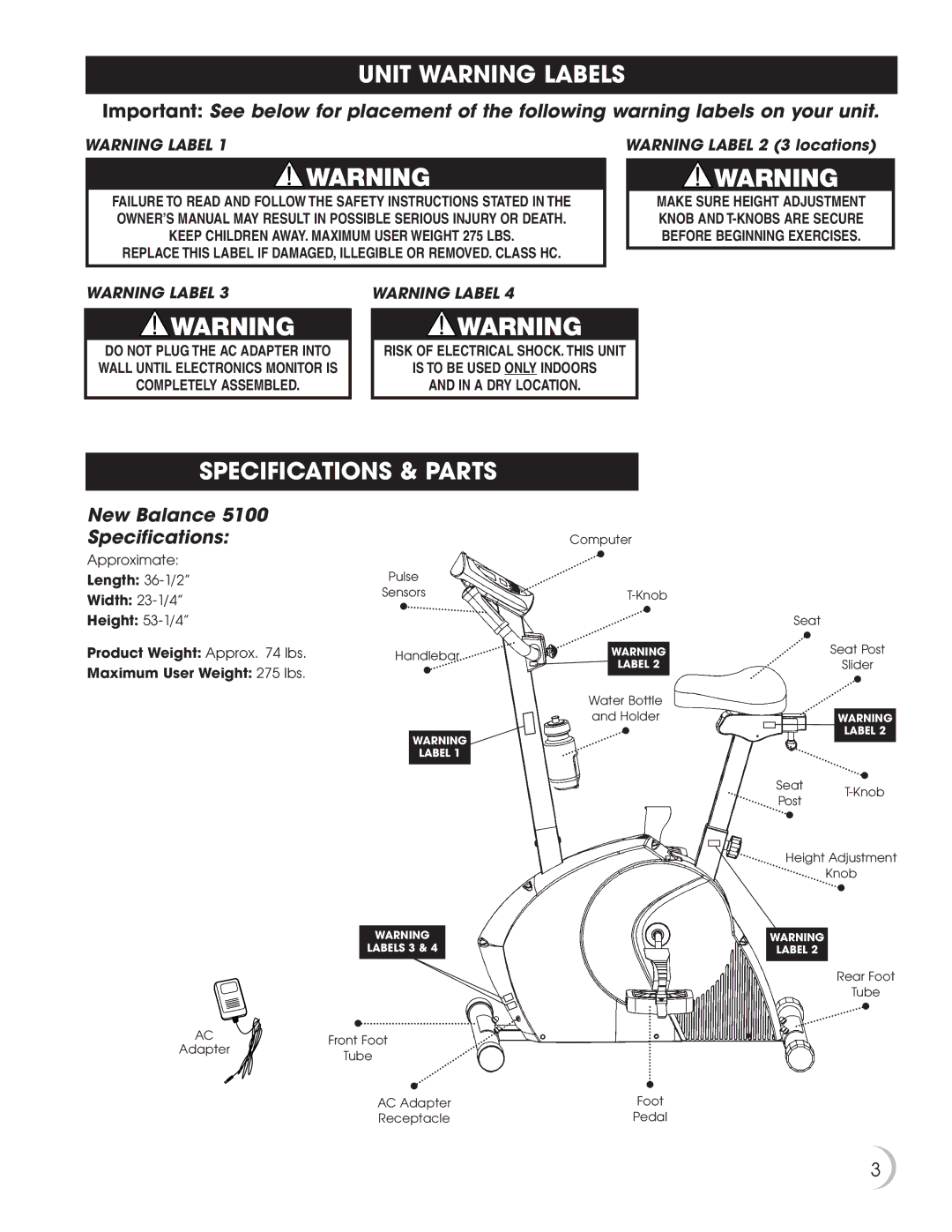 New Balance 5K 5100 owner manual Unit Warning Labels, Specifications & Parts, New Balance 5100 Specifications 