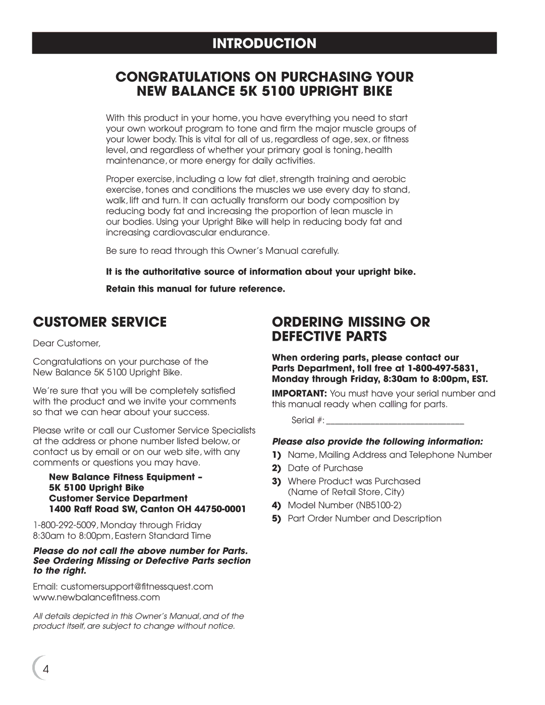 New Balance 5K 5100 owner manual Introduction, Customer Service, Ordering Missing or Defective Parts 