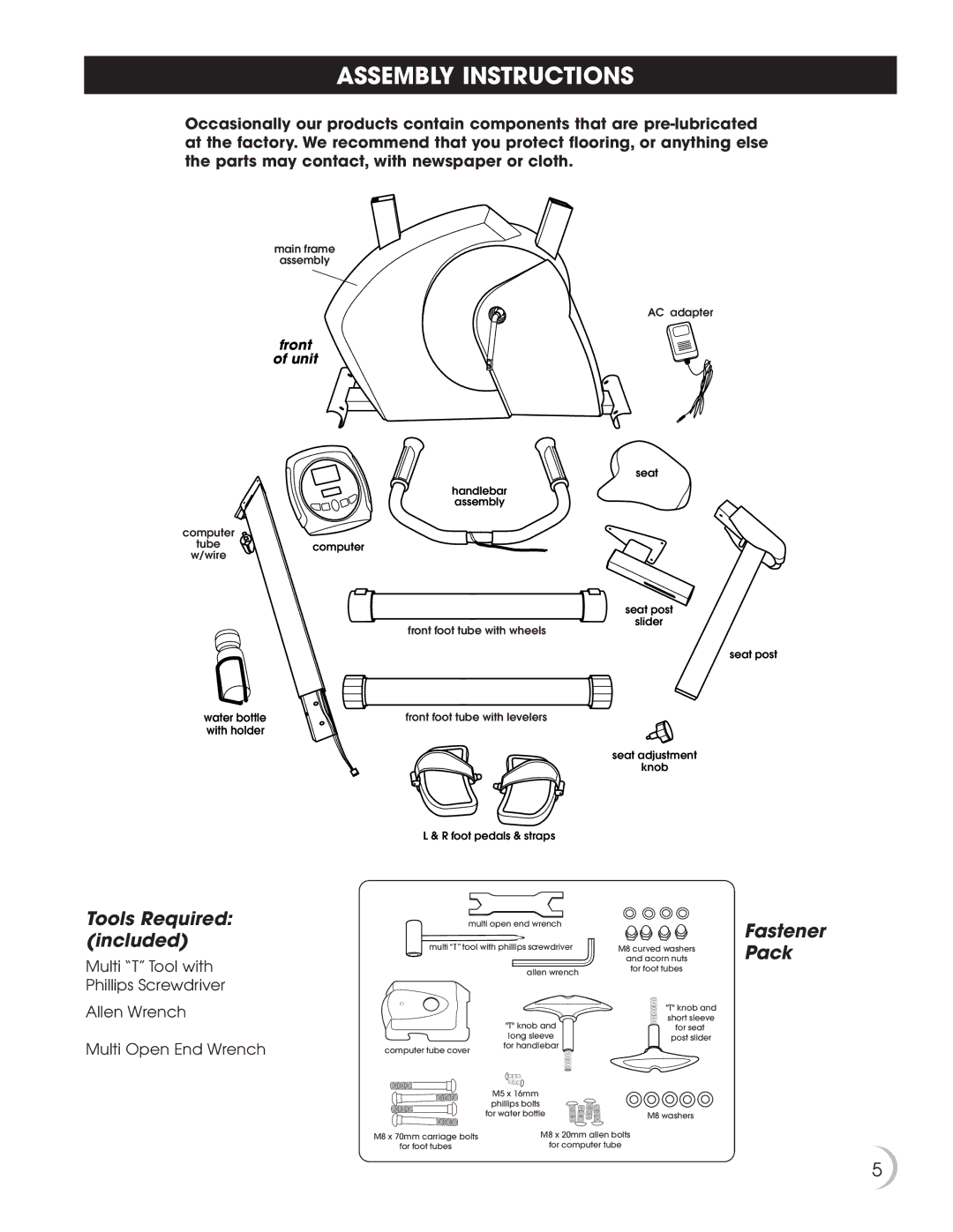 New Balance 5K 5100 owner manual Assembly Instructions, Tools Required included, Fastener Pack 